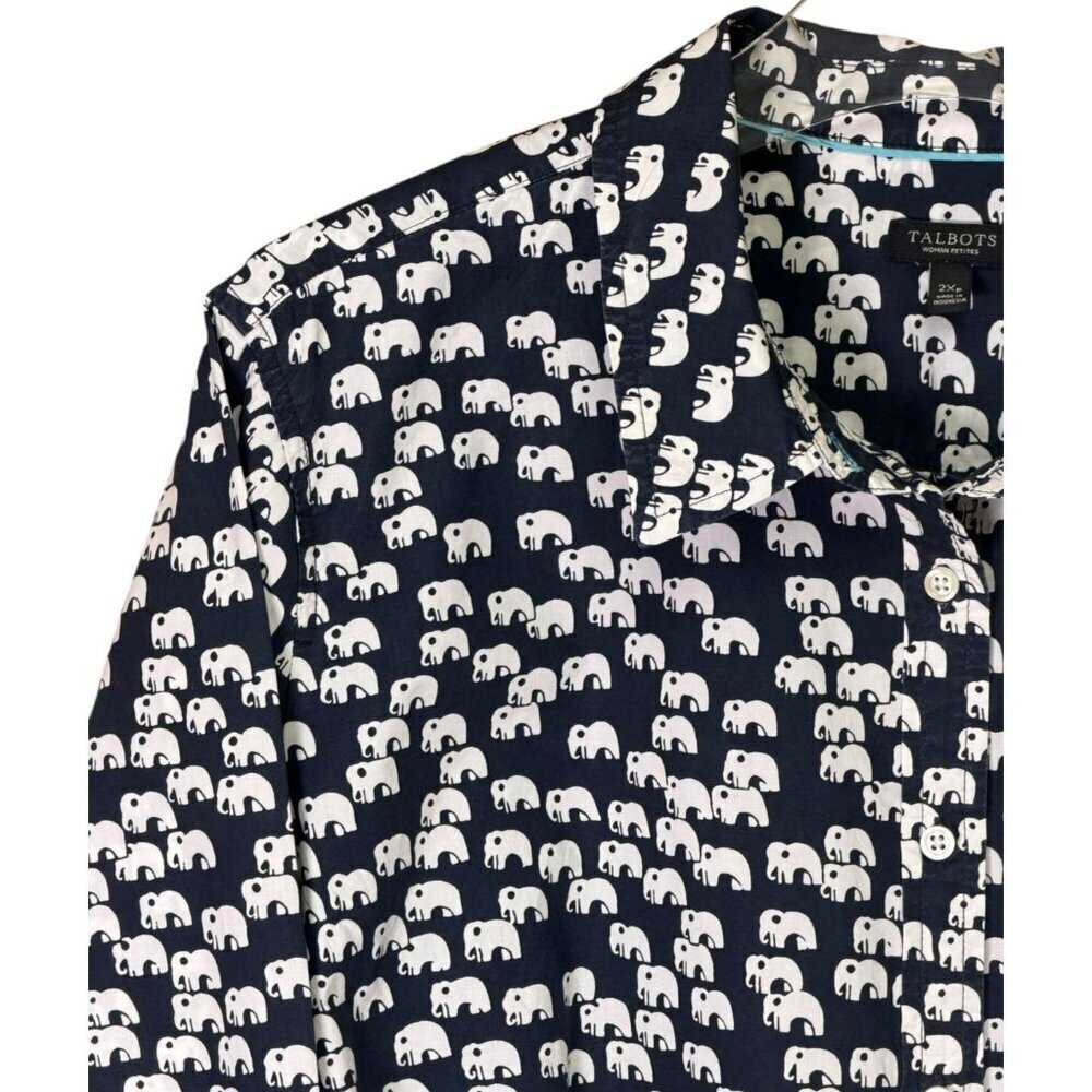 Talbots Elephant Print Button Up Shirt Navy Women Petites 2XP - Picture 5 of 8